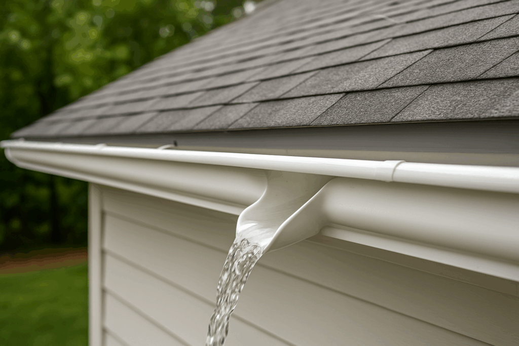 lose-up view of a clean white gutter with water flowing, attached to a suburban home roofline