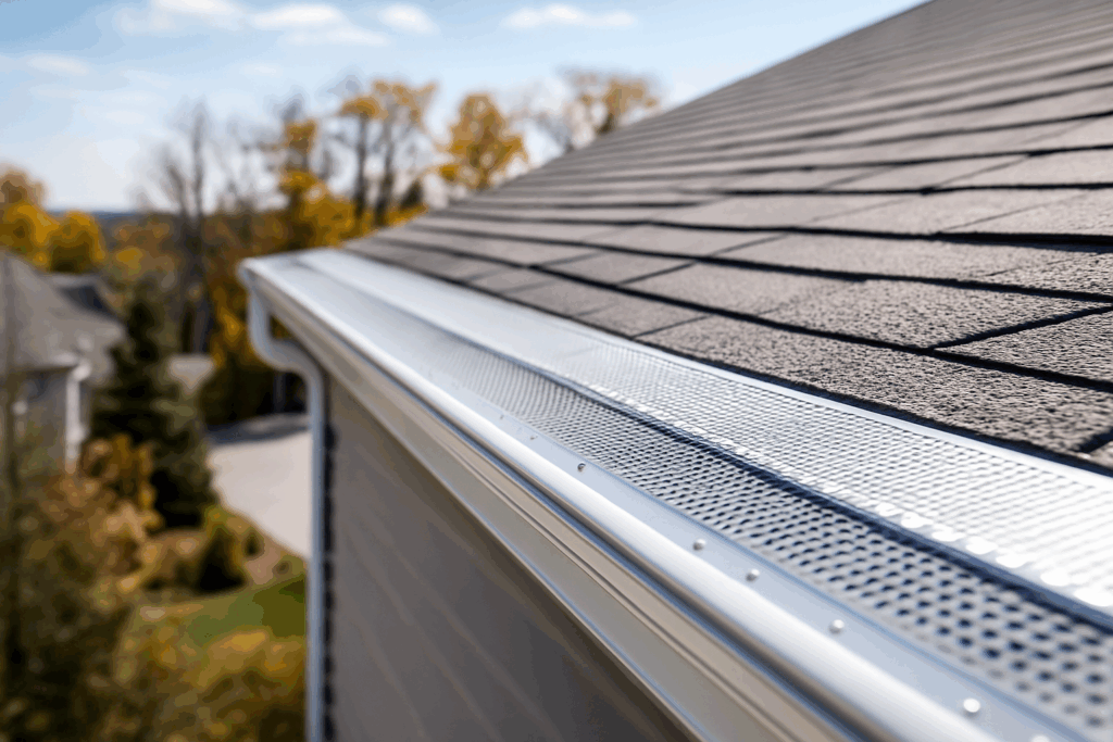 Close-up of a professional worker installing a white aluminum gutter using a power drill on a suburban home in daylight